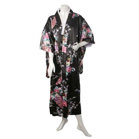 Satin Kimono Floral Japanese Style Dress Flower Peacock Belt Black Pink Blue NEW - Picture 8 of 14